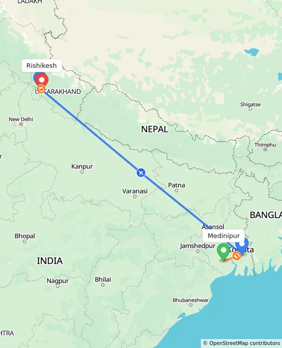 Route map showing distance and travel time from Medinipur, India to Rishikesh, India
