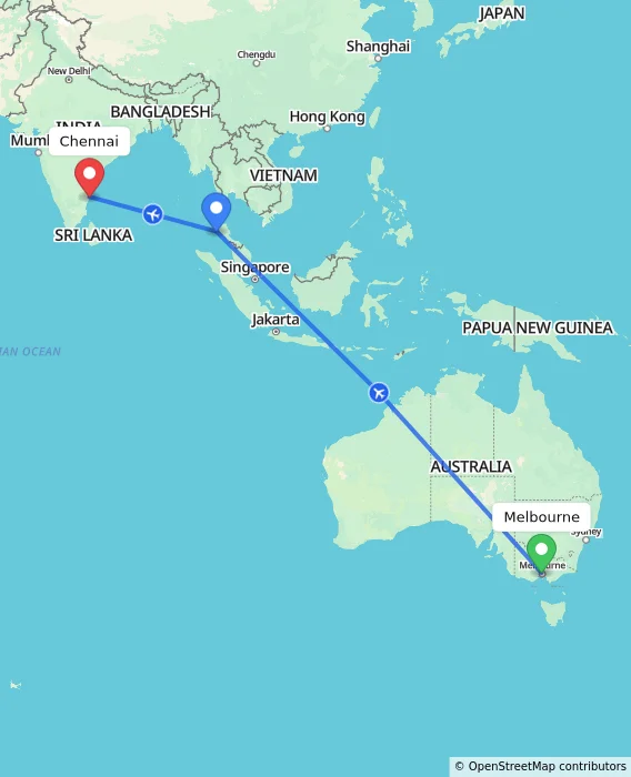 Route map showing distance and travel time from Melbourne, Australia to Chennai, India