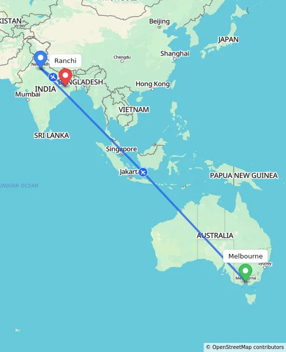 Route map showing distance and travel time from Melbourne, Australia to Ranchi, India
