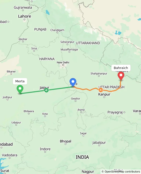 Route map showing distance and travel time from Merta, India to Bahraich, India