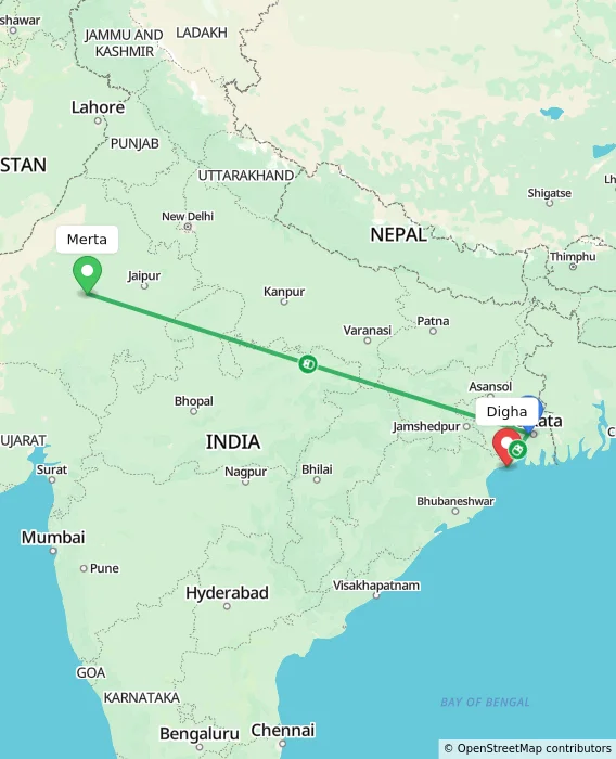 Route map showing distance and travel time from Merta, India to Digha, India