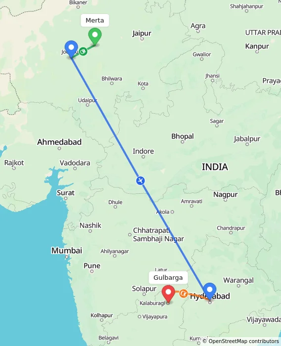 Route map showing distance and travel time from Merta, India to Gulbarga, India