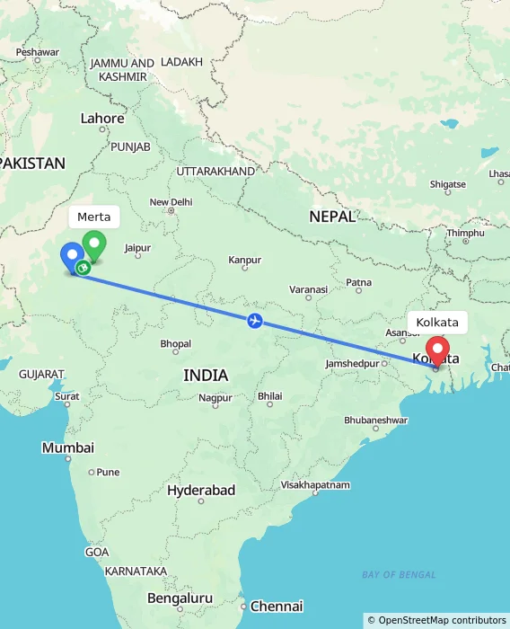 Route map showing distance and travel time from Merta, India to Kolkata, India