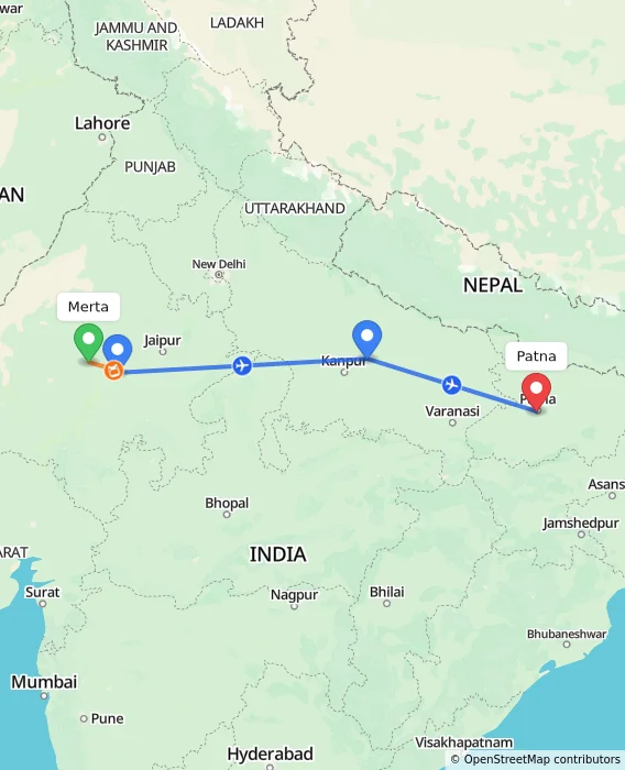 Route map showing distance and travel time from Merta, India to Patna, India