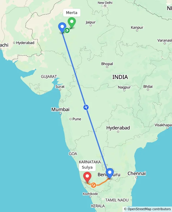 Route map showing distance and travel time from Merta, India to Sulya, India