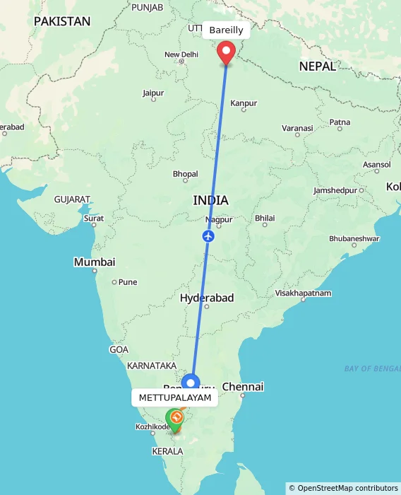 Route map showing distance and travel time from METTUPALAYAM, India to Bareilly, India
