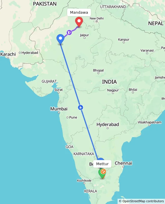 Route map showing distance and travel time from Mettur, India to Mandawa, India