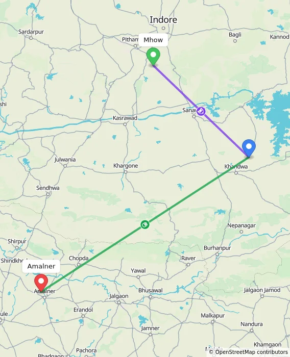 Route map showing distance and travel time from Mhow, India to Amalner, India