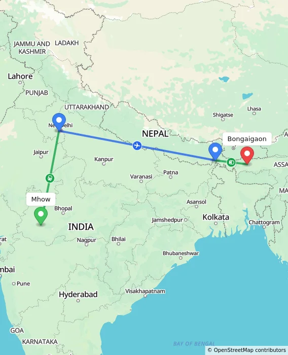 Route map showing distance and travel time from Mhow, India to Bongaigaon, India