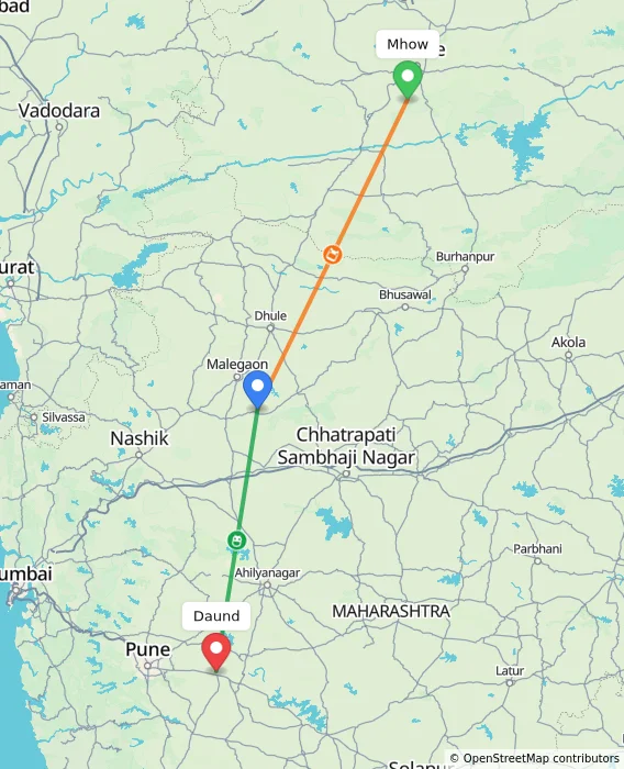 Route map showing distance and travel time from Mhow, India to Daund, India