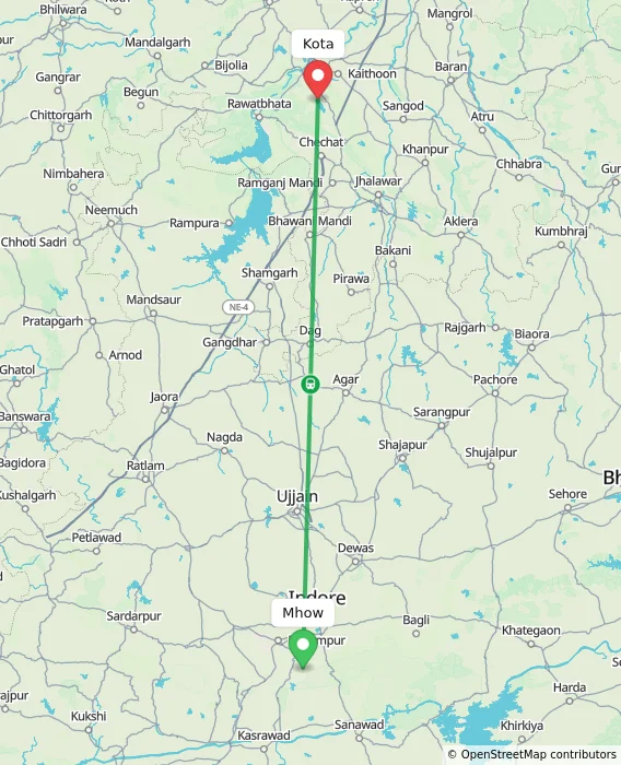 Route map showing distance and travel time from Mhow, India to Kota, India