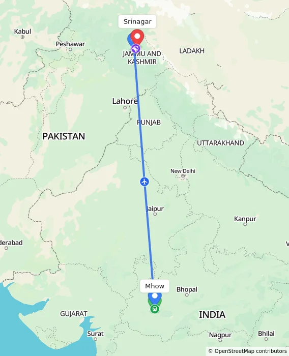 Route map showing distance and travel time from Mhow, India to Srinagar, India