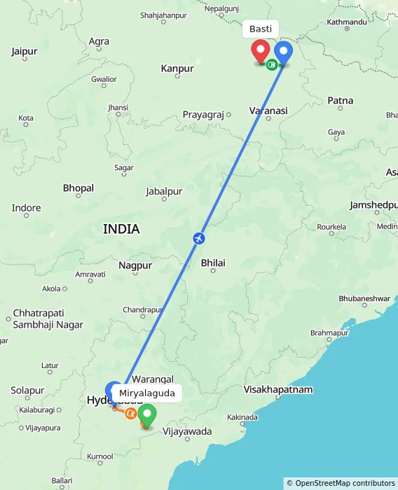 Route map showing distance and travel time from Miryalaguda, India to Basti, India