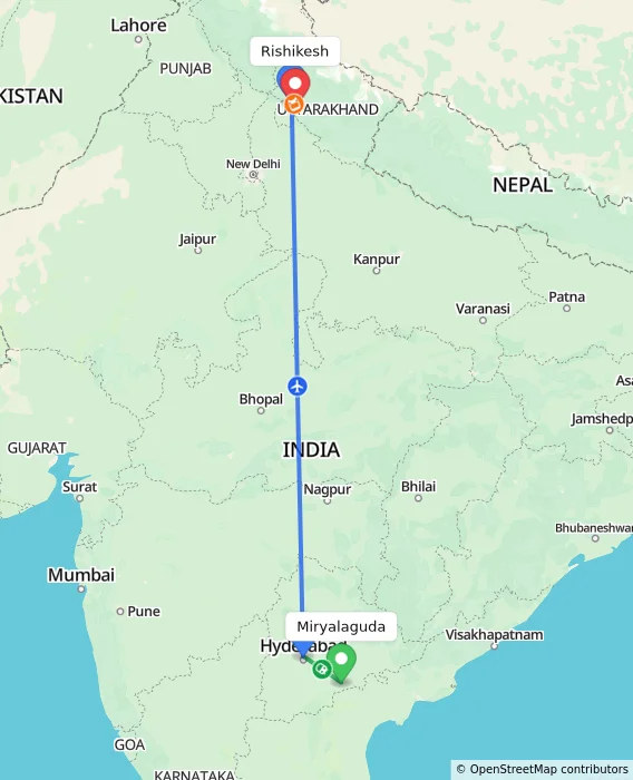 Route map showing distance and travel time from Miryalaguda, India to Rishikesh, India