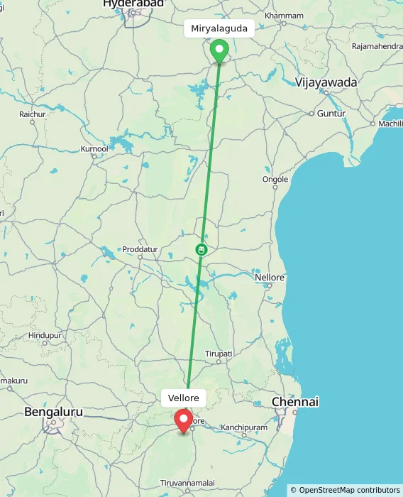 Route map showing distance and travel time from Miryalaguda, India to Vellore, India