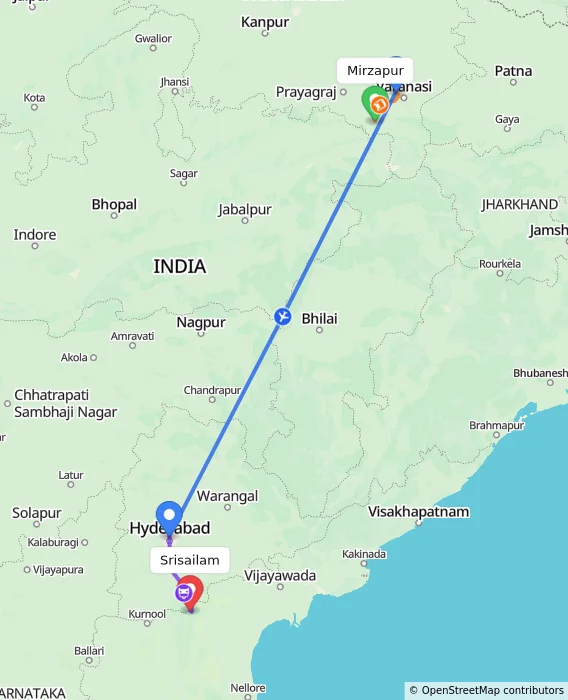 Route map showing distance and travel time from Mirzapur, India to Srisailam, India