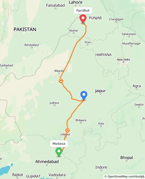 Route map showing distance and travel time from Modasa, India to Faridkot, India