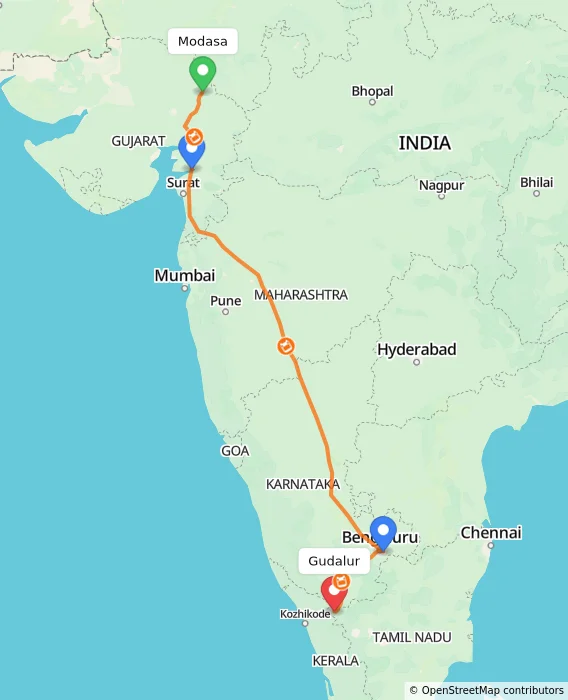 Route map showing distance and travel time from Modasa, India to Gudalur, India