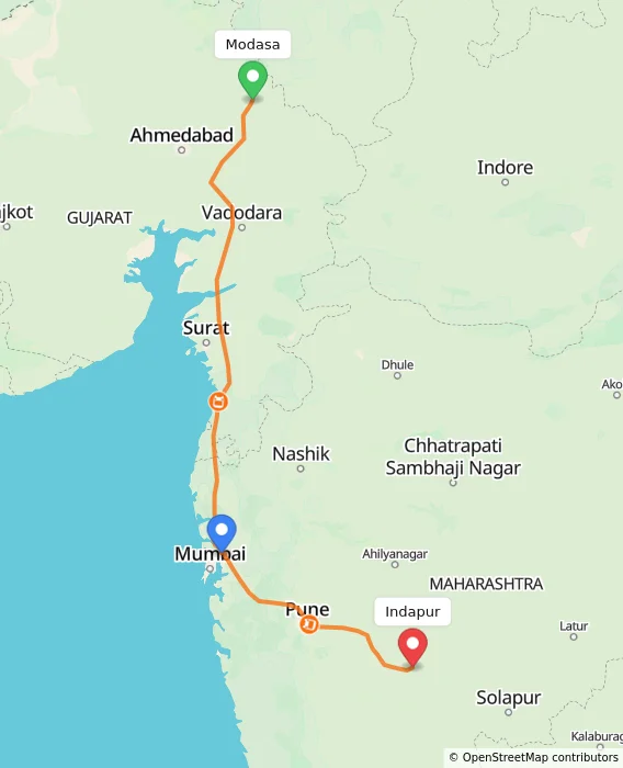 Route map showing distance and travel time from Modasa, India to Indapur, India
