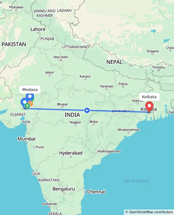 Route map showing distance and travel time from Modasa, India to Kolkata, India