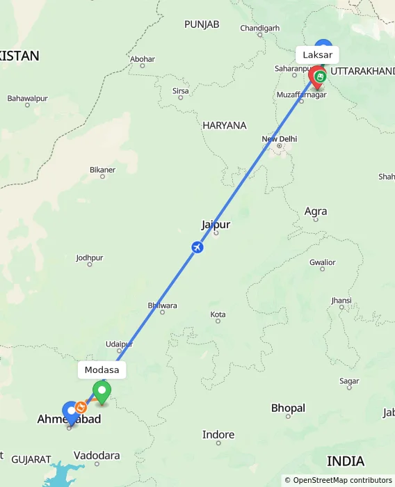 Route map showing distance and travel time from Modasa, India to Laksar, India