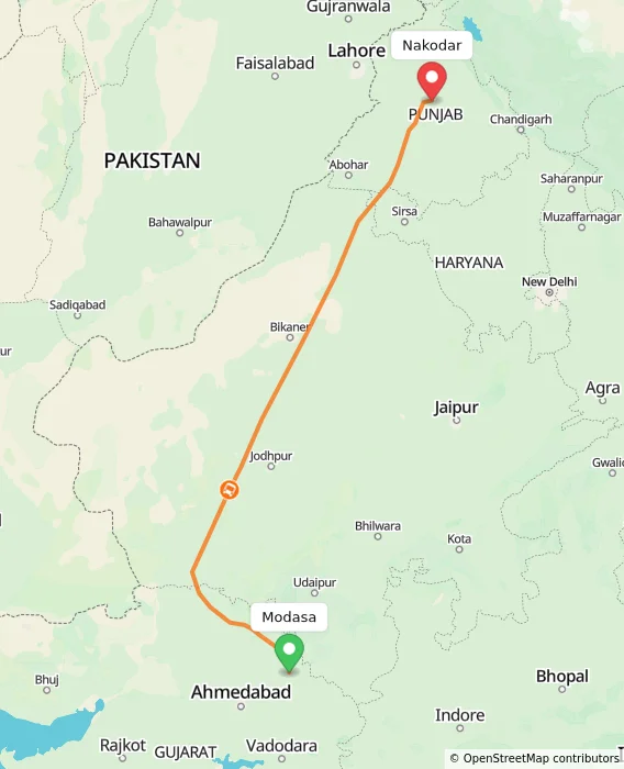 Route map showing distance and travel time from Modasa, India to Nakodar, India