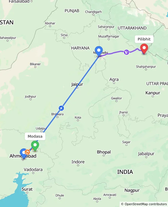 Route map showing distance and travel time from Modasa, India to Pilibhit, India