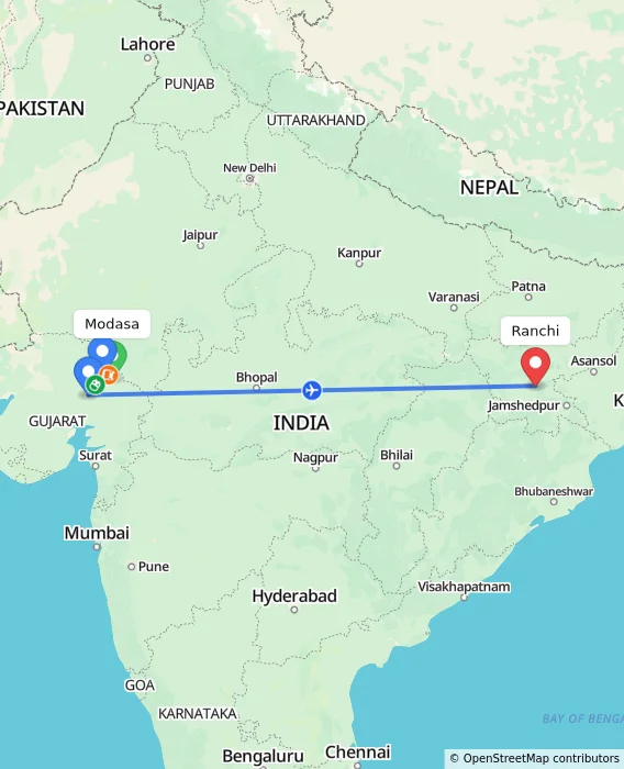 Route map showing distance and travel time from Modasa, India to Ranchi, India