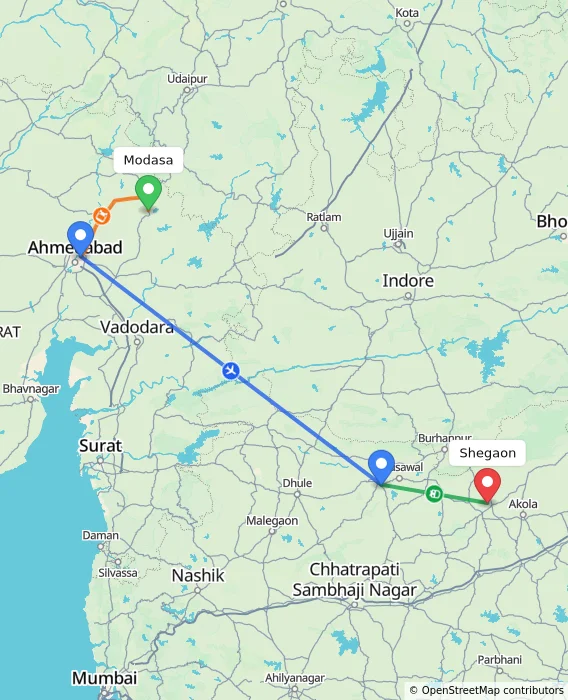 Route map showing distance and travel time from Modasa, India to Shegaon, India