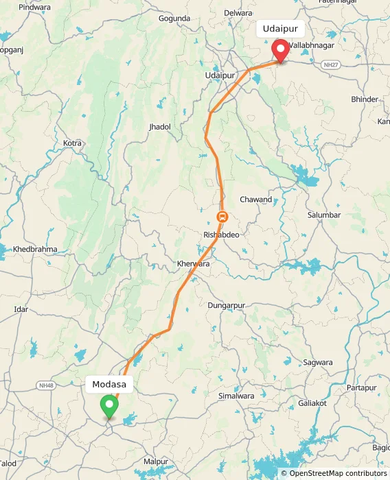 Route map showing distance and travel time from Modasa, India to Udaipur, India