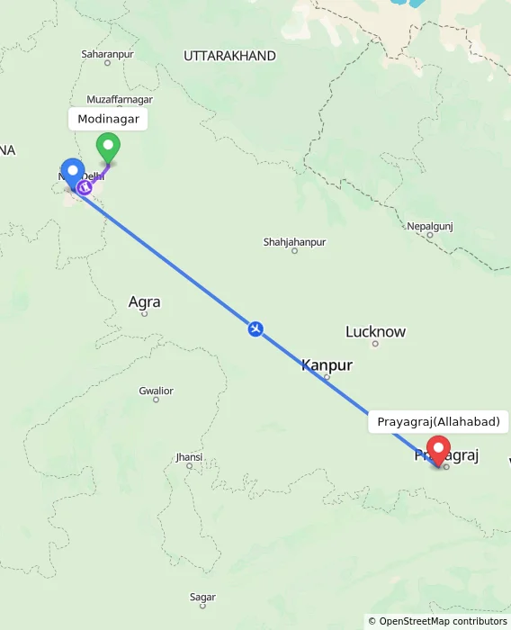 Route map showing distance and travel time from Modinagar, India to Allahabad, India