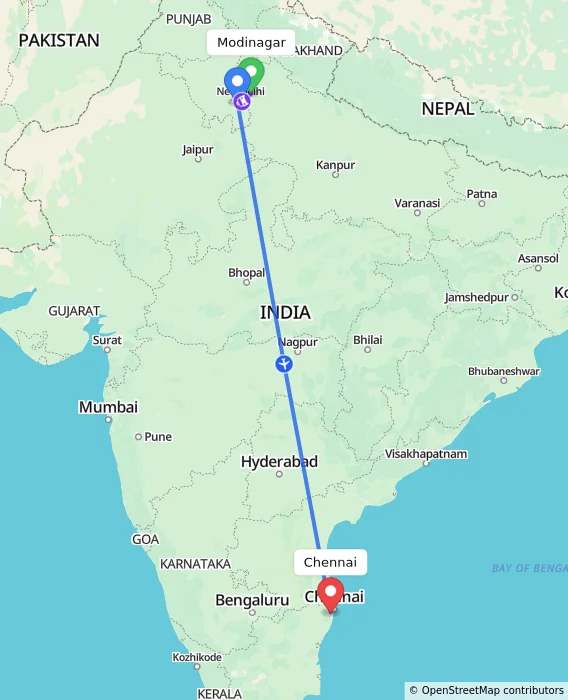 Route map showing distance and travel time from Modinagar, India to Chennai, India