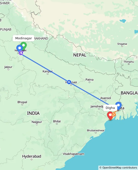 Route map showing distance and travel time from Modinagar, India to Digha, India