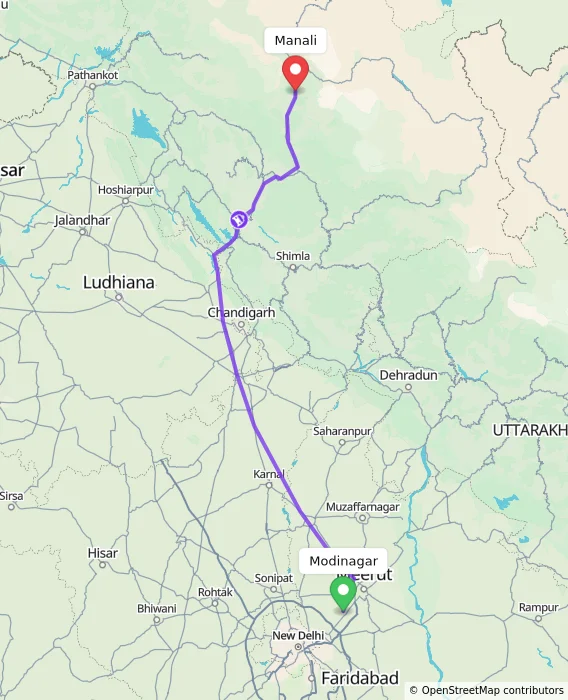 Route map showing distance and travel time from Modinagar, India to Manali, India