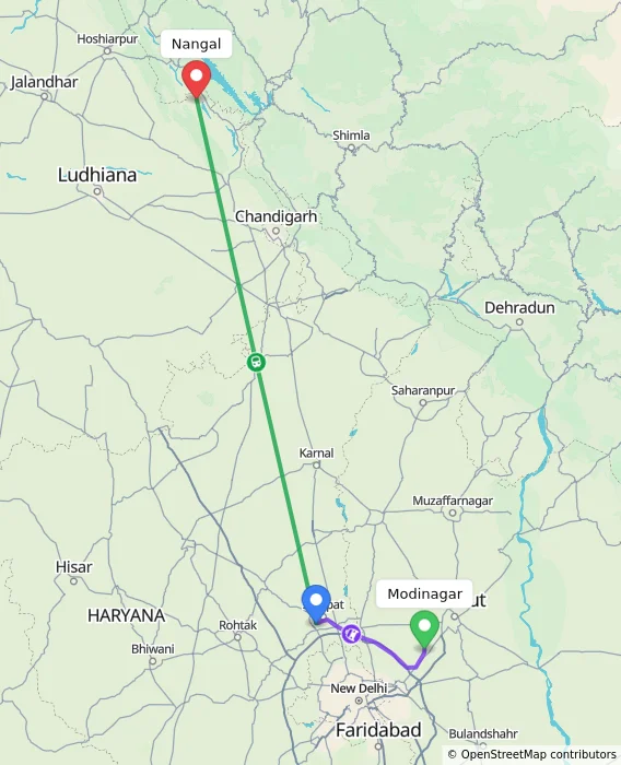 Route map showing distance and travel time from Modinagar, India to Nangal, India