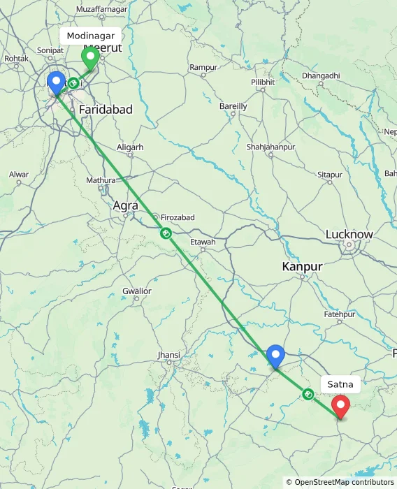 Route map showing distance and travel time from Modinagar, India to Satna, India