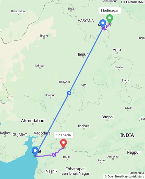 Route map showing distance and travel time from Modinagar, India to Shahada, India