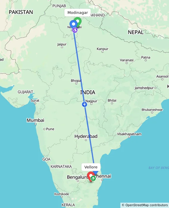 Route map showing distance and travel time from Modinagar, India to Vellore, India