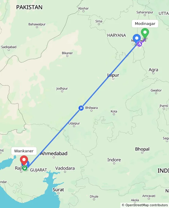 Route map showing distance and travel time from Modinagar, India to Wankaner, India