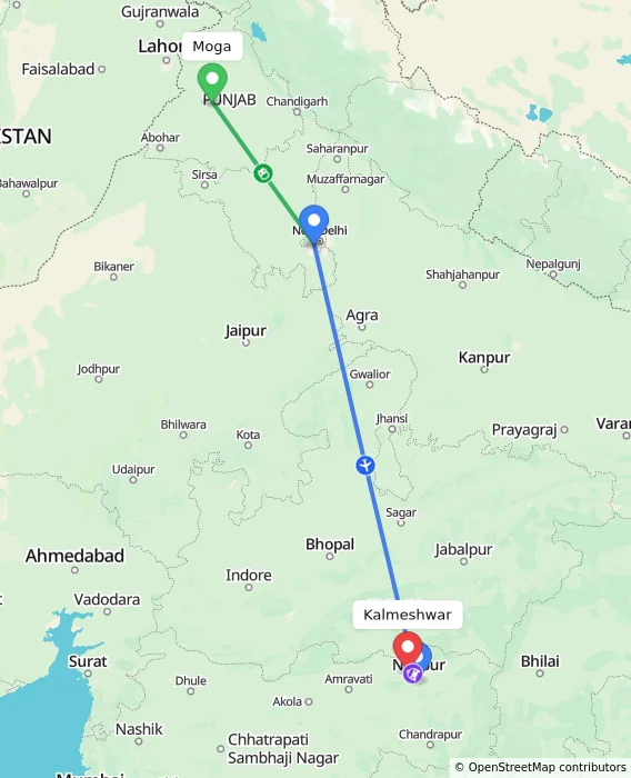 Route map showing distance and travel time from Moga, India to Kalmeshwar, India