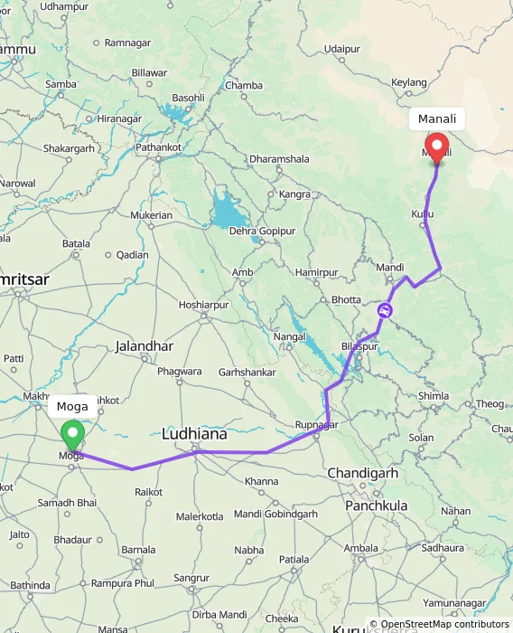 Route map showing distance and travel time from Moga, India to Manali, India