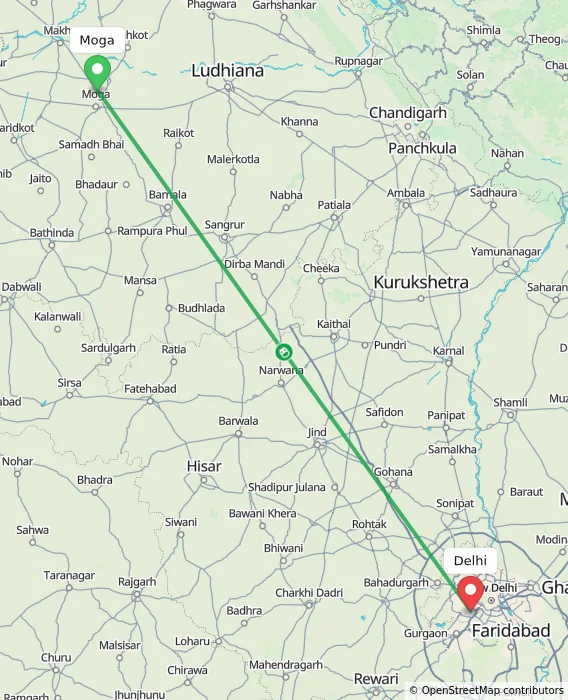 Route map showing distance and travel time from Moga, India to Delhi, India