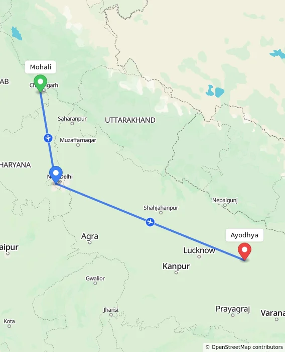 Route map showing distance and travel time from Mohali, India to Ayodhya, India