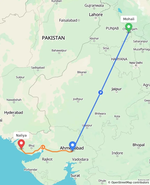 Route map showing distance and travel time from Mohali, India to Naliya, India