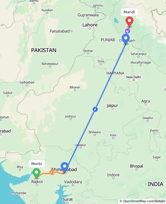 Route map showing distance and travel time from Morbi, India to Mandi, India