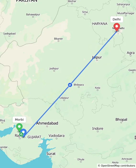 Route map showing distance and travel time from Morbi, India to Delhi, India