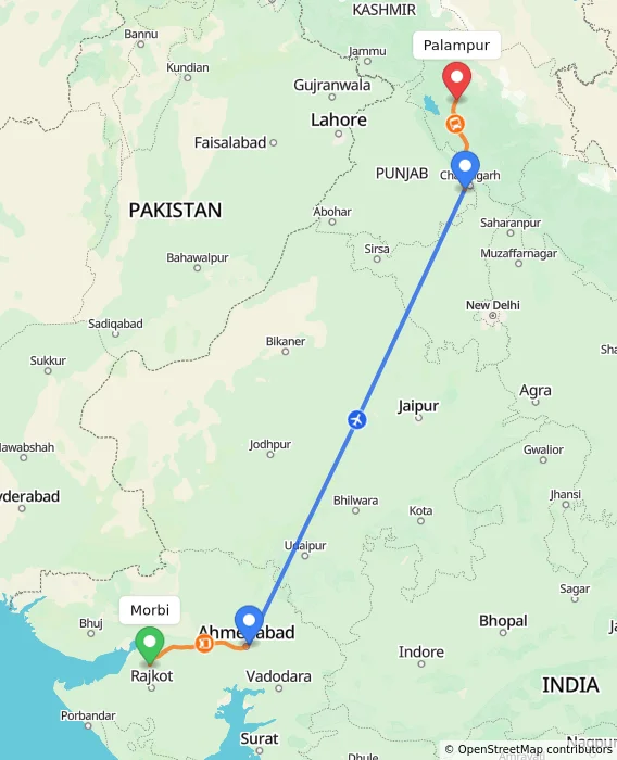 Route map showing distance and travel time from Morbi, India to Palampur, India