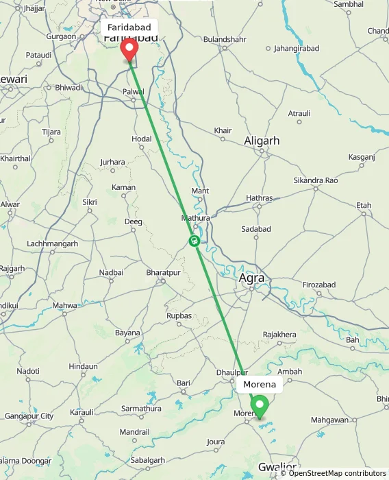 Route map showing distance and travel time from Morena, India to Faridabad, India