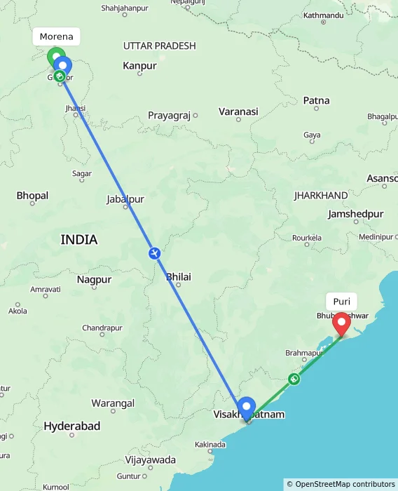 Route map showing distance and travel time from Morena, India to Puri, India