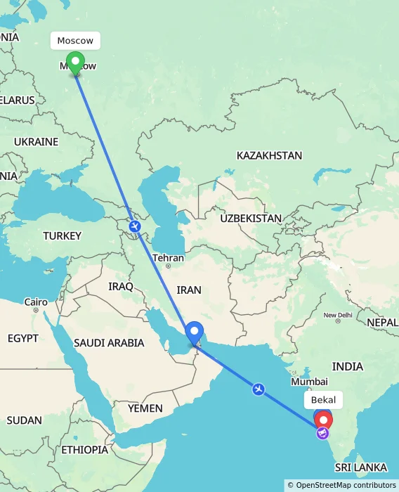 Route map showing distance and travel time from Moscow, Russian Federation to Bekal, India